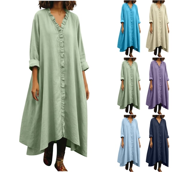 Fancifize Womens Summer Casual Dresses Ruffle Button Down Loose Fit Dresses Long Sleeve Beach Cotton Linen Sundress