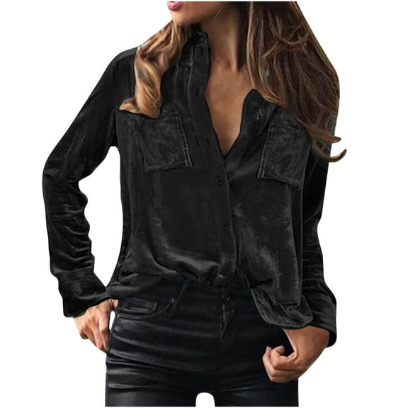 Fancifize Womens Velvet Button Down Shirts Long Sleeve V Neck Collared Blouse Fall Casual Tops with Pockets