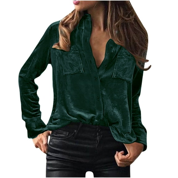 Fancifize Womens Velvet Button Down Shirts Long Sleeve V Neck Collared Blouse Fall Casual Tops with Pockets