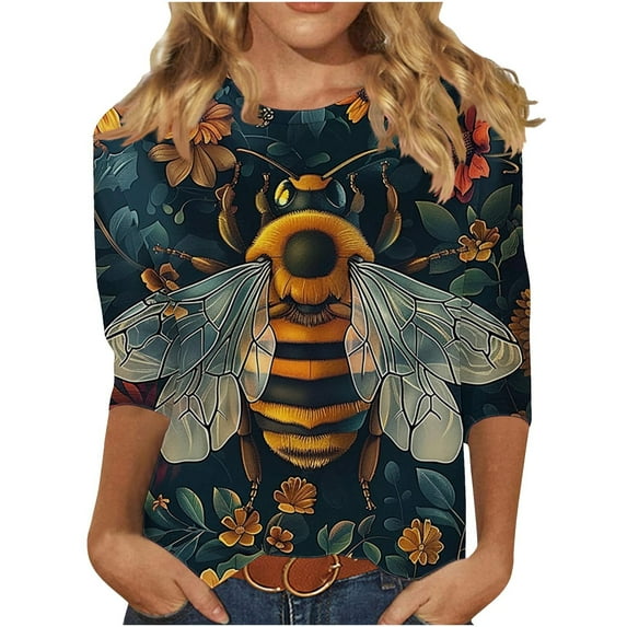 Fancifize Womens Vintage Bee Graphic Tee Plus Size Crew Neck 3/4 Sleeve Retro Print T-Shirt Loose Fit Jersey Festival Outfit L,Black