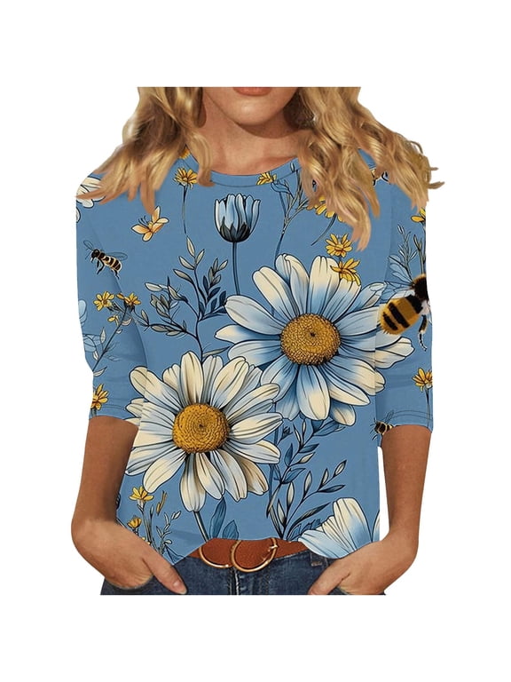 Womens Vintage Bee Graphic Tee Plus Size Crew Neck 3/4 Sleeve Retro Print T-Shirt Loose Fit Jersey Festival Outfit XL,Blue