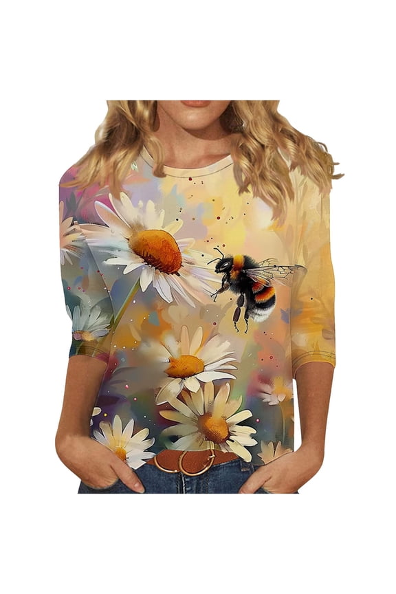 Womens Vintage Bee Graphic Tee Plus Size Crew Neck 3/4 Sleeve Retro Print T-Shirt Loose Fit Jersey Festival Outfit XXL,Beige