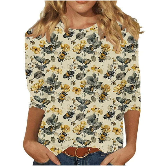 Fancifize Womens Vintage Bee Graphic Tee Plus Size Crew Neck 3/4 Sleeve Retro Print T-Shirt Loose Fit Jersey Festival Outfit XXXL,Yellow