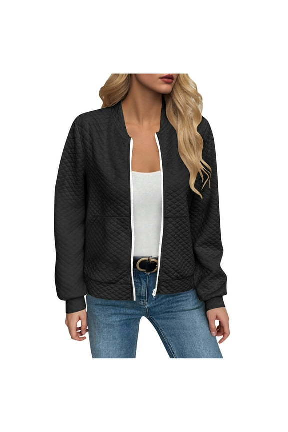 Womens Waffle Bomber Jacket Lightweight Long Sleeve Zip Up Coat Casual Windbreaker Outwear Fall Trendy Clothes