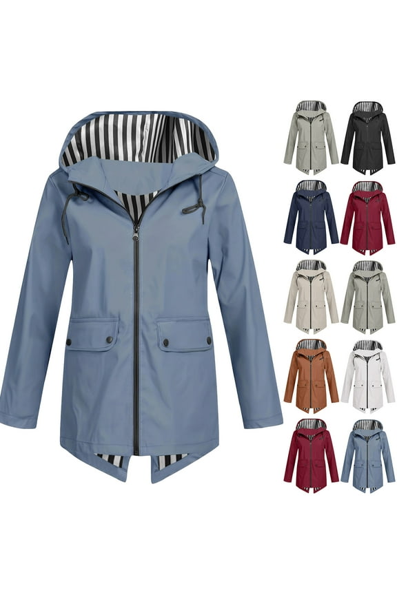Womens Waterproof Rain Jackets Long Hooded Raincoats Striped Lined Outdoor Hiking Waterproof Windbreaker Coats