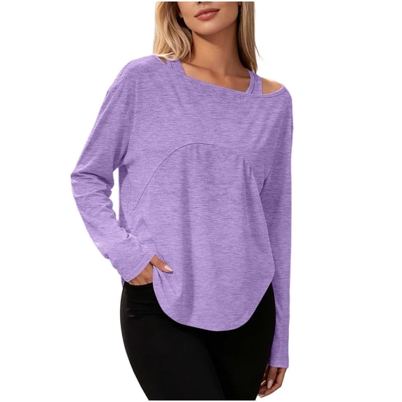 Fancifize Workout Tops for Women Cold Shoulder Long Sleeve Asymmetrical Hem Tshirts Casual Basic Tees Shirts
