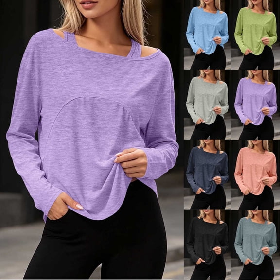 Fancifize Workout Tops for Women Cold Shoulder Long Sleeve Asymmetrical Hem Tshirts Casual Basic Tees Shirts