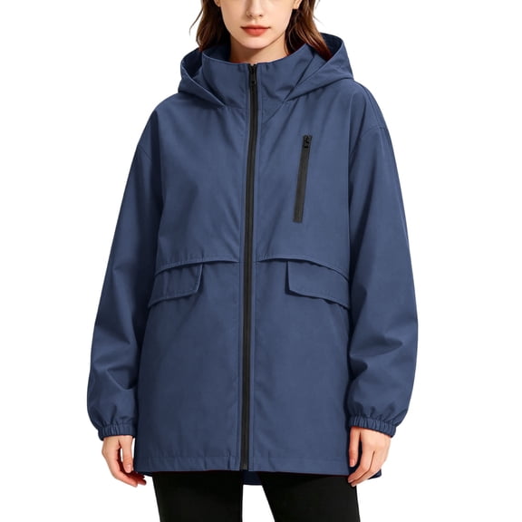 Fancifize Zip Up Hooded Windbreaker for Women, Long Sleeve Casual Windproof Jacket with Pocket, Outdoor Hiking Coat