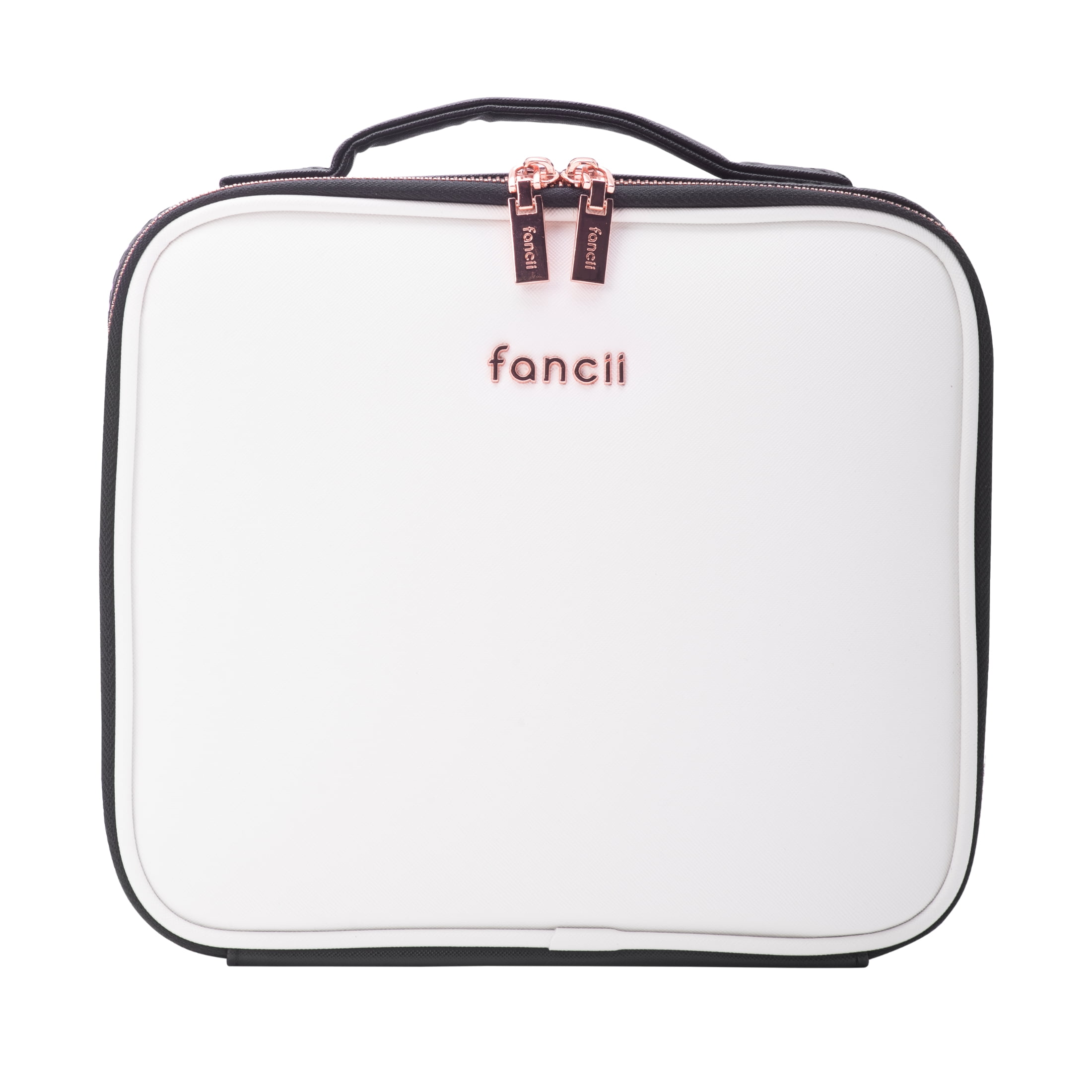 White Vegan Leather Travel Makeup Bag with Rose Gold Zippers