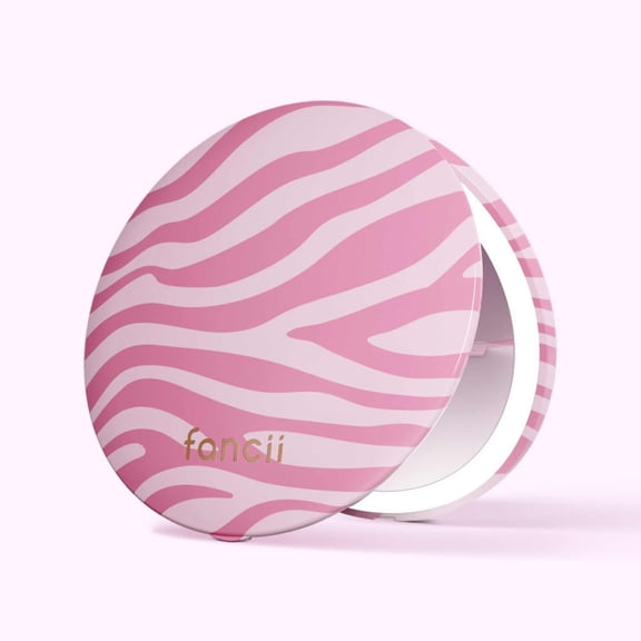Fancii Mini Taylor Compact Makeup Mirror with LED Light, Rechargeable, 10x/1x Magnifying, 4” Wide Mirror for Purse (Blush Zebra)