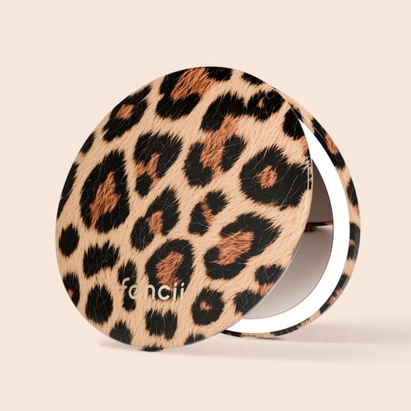 Fancii Mini Taylor Compact Makeup Mirror with LED Light, Rechargeable, 10x/1x Magnifying, 4” Wide Mirror for Purse (Cheetah Chic)