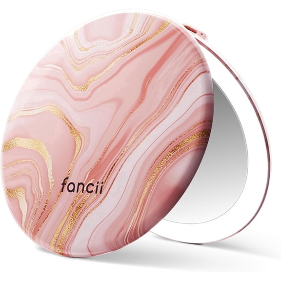 Fancii Taylor LED Lighted Travel Makeup Mirror, Rechargeable, 10x/1x Magnifying & 3 Light Settings - Compact, Portable, Large 5-inch Wide, for Handbag and Purses (Marble Rosè)