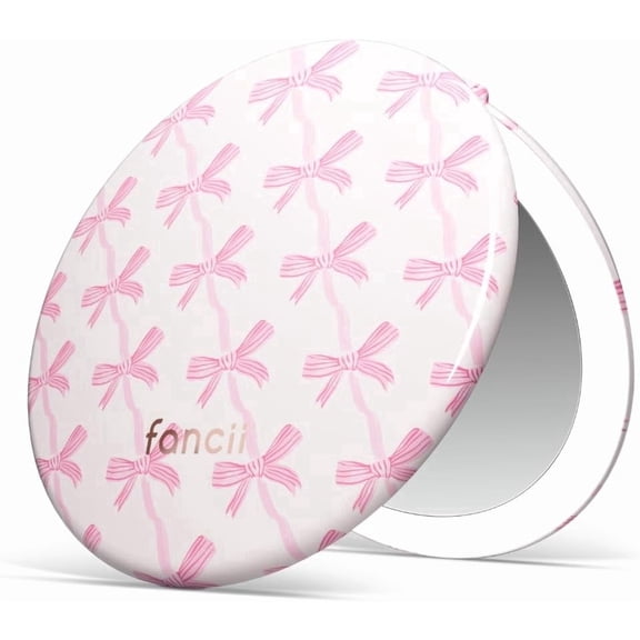 Fancii Taylor LED Lighted Travel Makeup Mirror, Rechargeable, 10x/1x Magnifying & 3 Light Settings - Compact, Portable, Large 5-inch Wide, for Handbag and Purses (Rosette Ribbon)