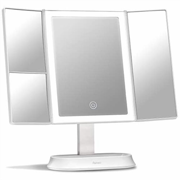Fancii Trifold Makeup Mirror with Natural LED Lights, Lighted Vanity Mirror with 5x & 7x Magnifications - 58 Dimmable Lights, Touch Screen, Cosmetic Stand (Sora)