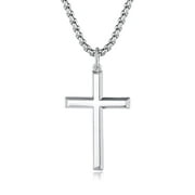 925 Solid Sterling Silver Cross Pendant Necklace for Men, White Gold Plated with 24" Stainless Steel Box Chain