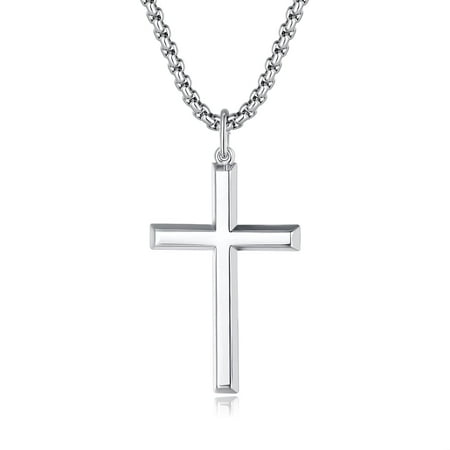 Fancime Cross Necklace for Men Solid Sterling Silver High Polished Men's Cross Pendant Long Necklace Fine Jewelry Gift, Strong Stainless Steel Box Chain Length 24"