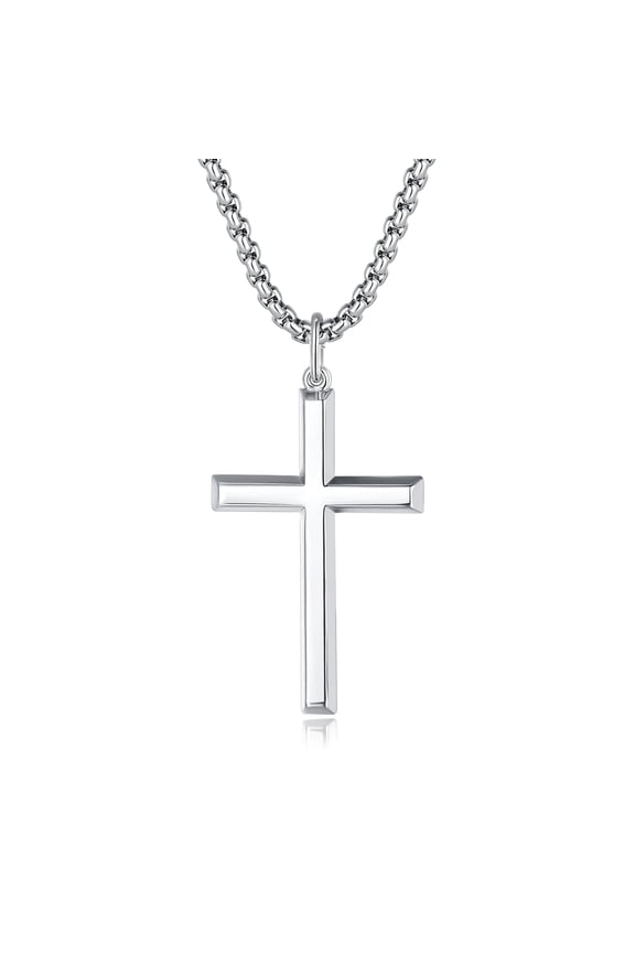 Cross Necklace for Men Solid Sterling Silver High Polished Men's Cross Pendant Long Necklace Fine Jewelry Gift, Strong Stainless Steel Box Chain Length 24"