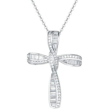 Fancime Cross Necklace for Women Soild Sterling Silver Cubic Zirconia Twisted Cross Infinity Loop Princess Pendant Necklace Faithful for Women Luxury Look, 16"+2" Extender