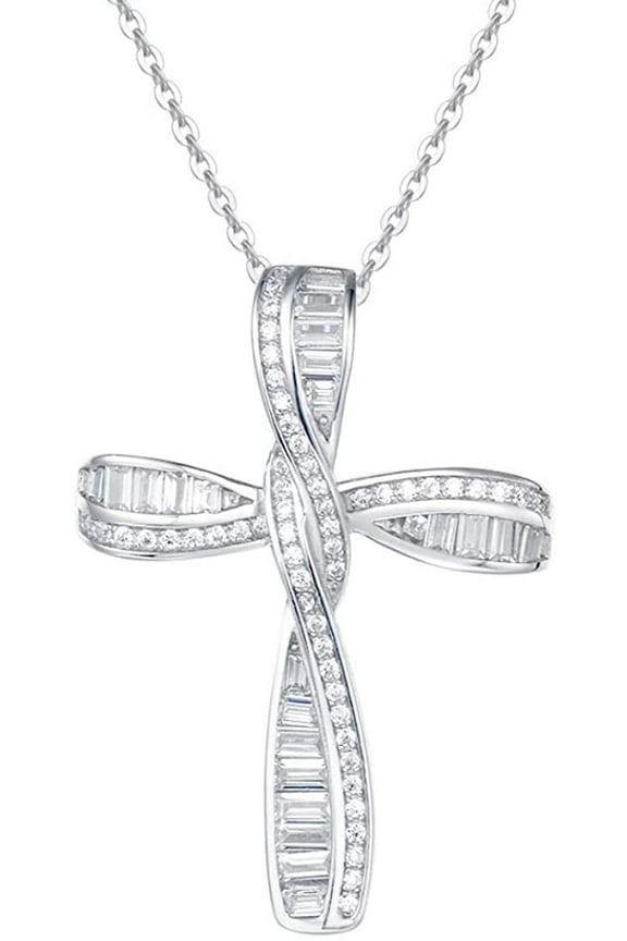 Cross Necklace for Women Soild Sterling Silver Cubic Zirconia Twisted Cross Infinity Loop Princess Pendant Necklace Faithful for Women Luxury Look, 16"+2" Extender