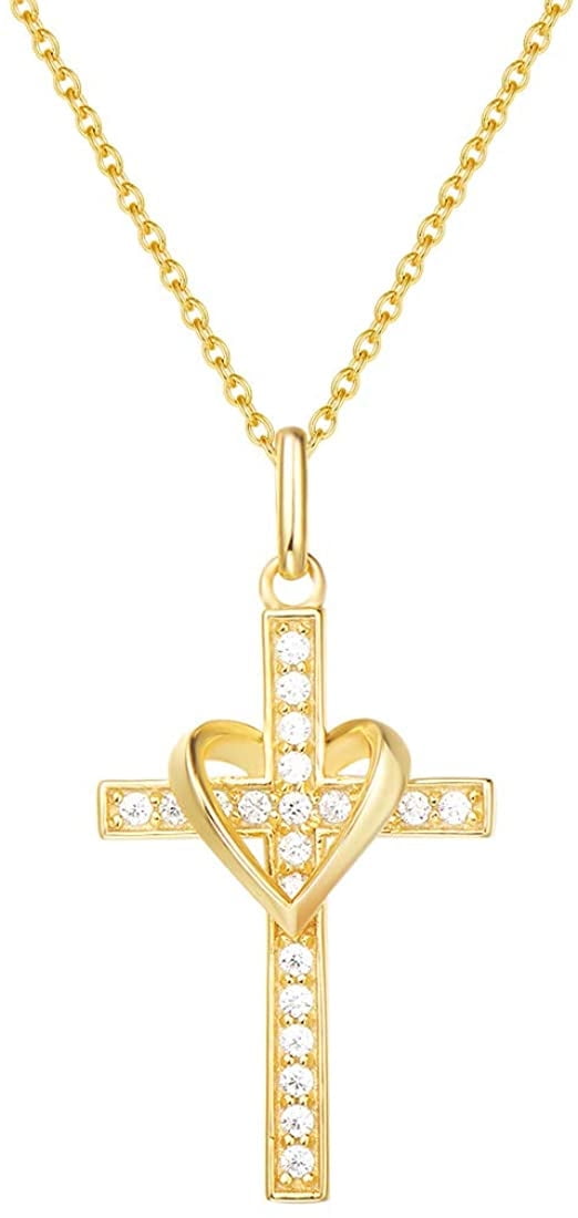 Fancime Yellow Gold Plated 925 Sterling Silver Cross Pendant Necklace for Female Women with Cubic Zirconia Infinity Heart Cross Pendant Necklace Fine Jewelry, 16" + 2" Extender