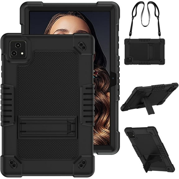 Fancing Case for T-Mobile Revvl Tab 5G 2023 Released Tablet,Shoulder Strap Soft Silicone & Hard Back Hybrid Shockproof Kids Friendly Protective Case for REVVL TAB 5G 2023 Released (Black+Black)