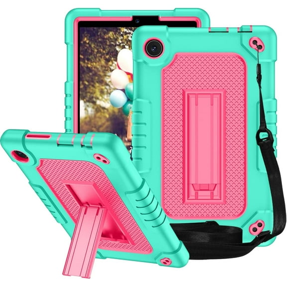 Fancing for TCL Tab 8 LE Tablet Case,with Shoulder Strap Soft Silicone&Hard Back Hybrid Shockproof Kids Friendly Case for TCL Tab 8 LE(Model:9137W)/TCL Tab 8 WiFi(Model:9132X) (Green/Pink)