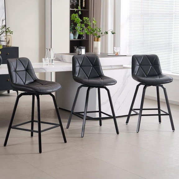 Fancrou 26" Counter Height Swivel Bar Stools Set of 3, Triangular Patterned Faux Leather Seat, Metal Legs Back, Barstools for Kitchen Counter & Island Chairs, Black