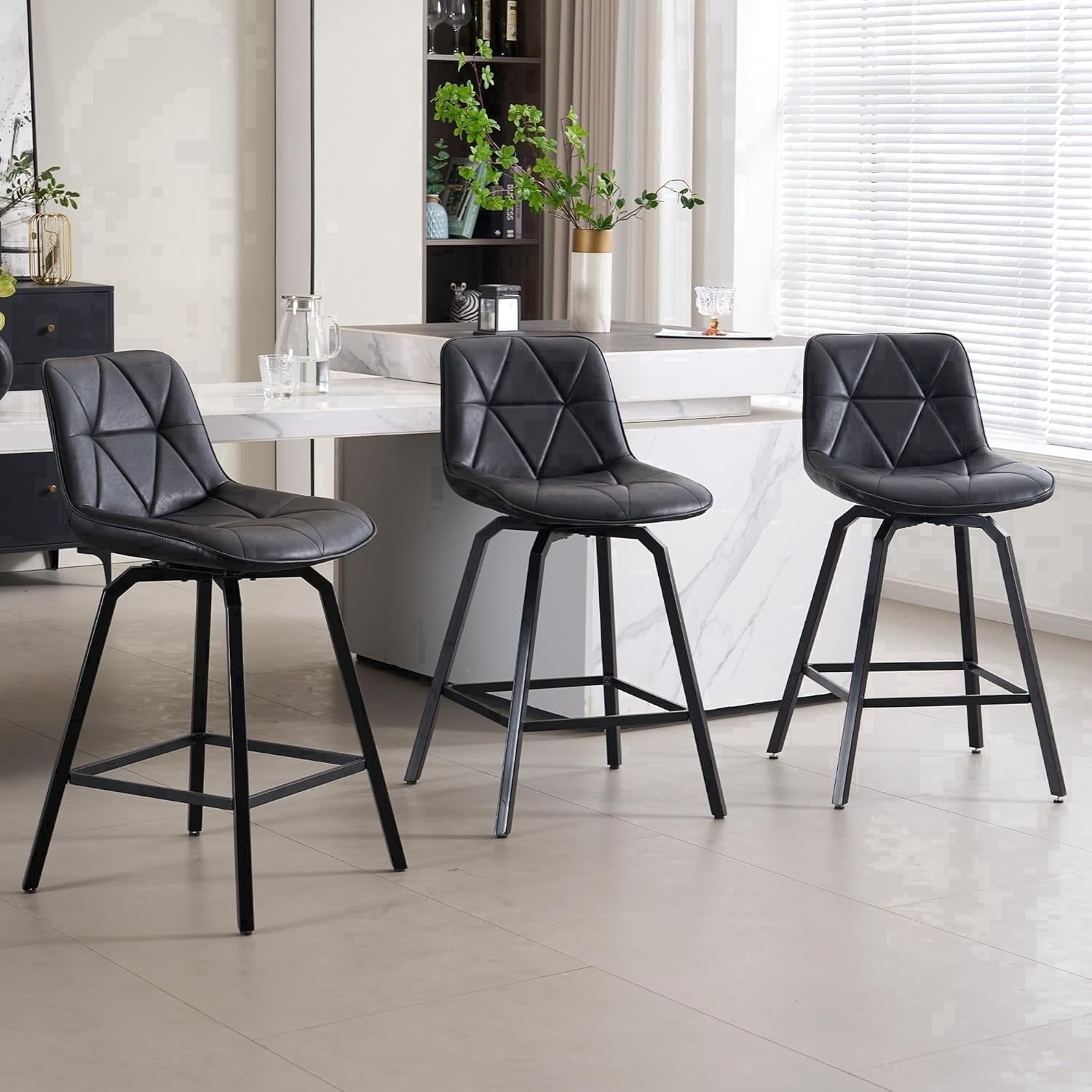 Fancrou 26″ Swivel Counter Height Bar Stools Set Of 3, Triangular Pattern Faux Leather Seat With Metal Legs And Back, Retro Black