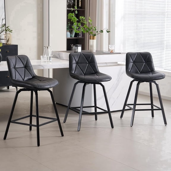Fancrou 26″ Swivel Counter Height Bar Stools Set Of 3, Triangular Pattern Faux Leather Seat With Metal Legs And Back, Retro Black