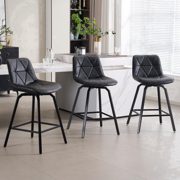 Fancrou 26″ Swivel Counter Height Bar Stools Set Of 3, Triangular Pattern Faux Leather Seat With Metal Legs And Back, Retro Black