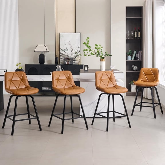 Fancrou 26" Counter Height Swivel Bar Stools Set of 3, Triangular Patterned Faux Leather Seat, Metal Legs Back, Barstools for Kitchen Counter & Island Chairs, Brown