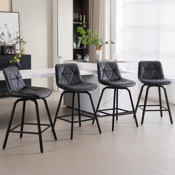 Fancrou 26" Counter Height Swivel Bar Stools Set of 4, Triangular Patterned Faux Leather Seat, Metal Legs Back, Barstools for Kitchen Counter & Island Chairs, Black
