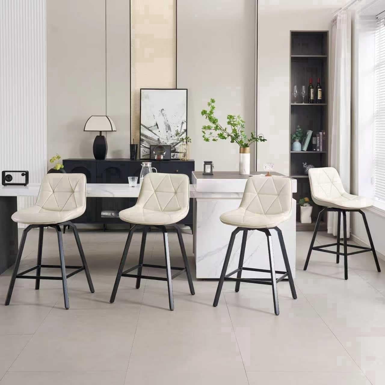 Fancrou 26″ Swivel Counter Height Bar Stools Set Of 4, Triangular Pattern Faux Leather Seat With Metal Legs And Back, White