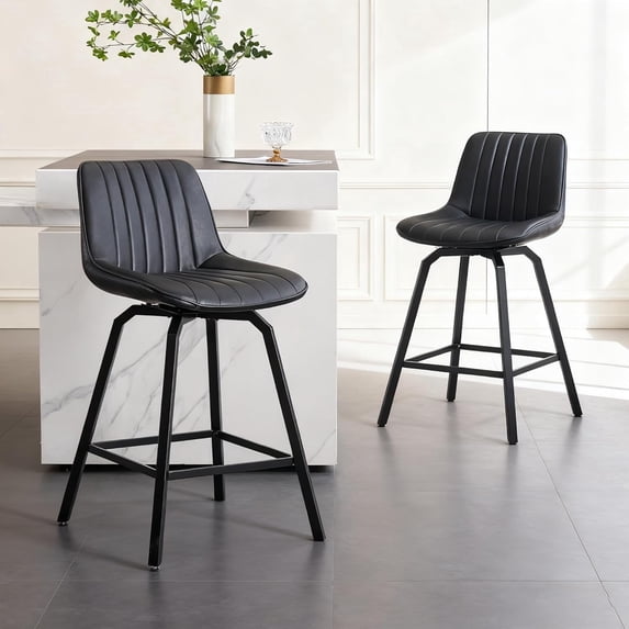 Fancrou 26″ Swivel Counter Height Bar Stools Set Of 2, Stripe Pattern Faux Leather Seat With Metal Legs And Back, Retro Black