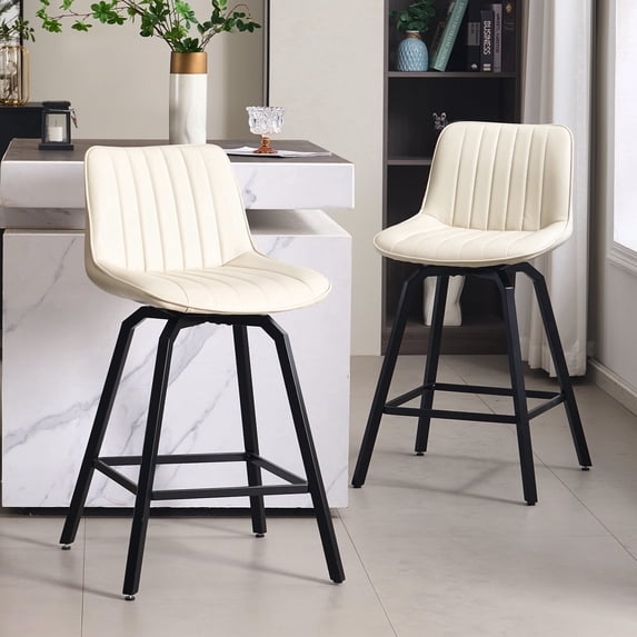 Fancrou 26″ Swivel Counter Height Bar Stools Set Of 2, Stripe Pattern Faux Leather Seat With Metal Legs And Back, White