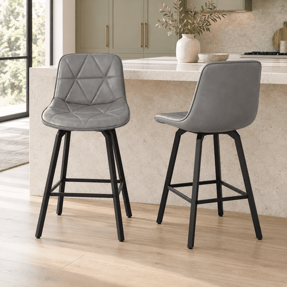 Fancrou 26″ Swivel Counter Height Bar Stools Set Of 2, Triangular Pattern Faux Leather Seat With Metal Legs And Back, Grey