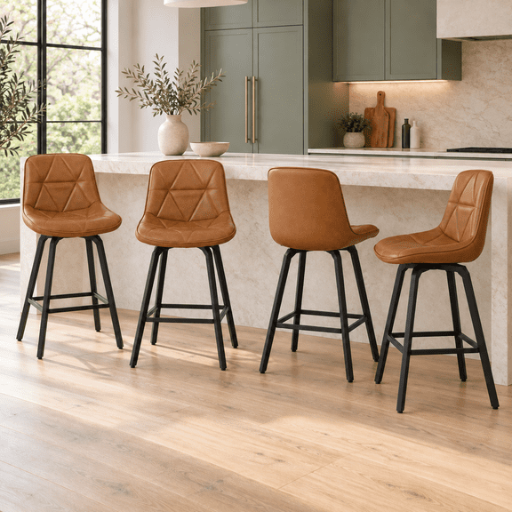 Fancrou 26″ Swivel Counter Height Bar Stools Set Of 4, Triangular Pattern Faux Leather Seat With Metal Legs And Back, Darkbrown