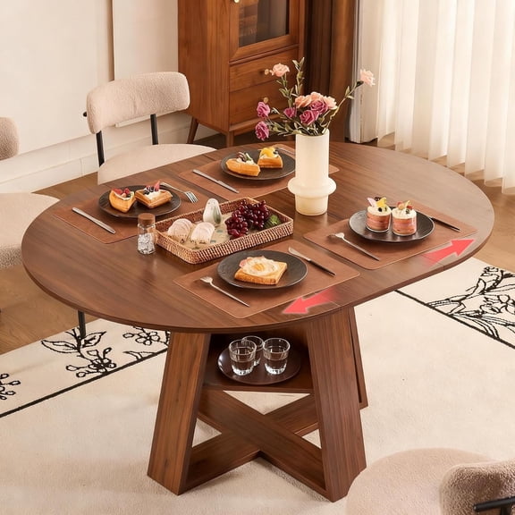 Fancrou 43.3-59in Extendable Round-Oval Dining Table Set for 4-6, Modern Wooden Kitchen Table with Storage Shelf and Wooden Windsor Dining Chair, Space-Saving, LWalnut Table
