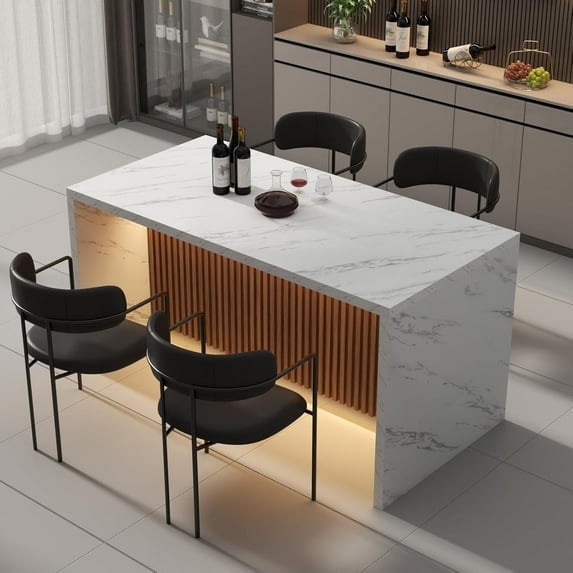 Fancrou 59" Large Imitation Marble Dining Table for 4-6 People(Patent Pending),Island Table with LED Lights, Mordern Marble Stripes Kitchen Dining Table with Grille design for Dining Room,(White)