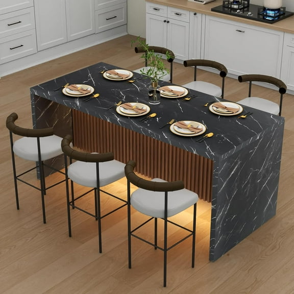 Fancrou 71" Large Imitation Marble Dining Table for 6-8 People, Island Table with LED Lights, Mordern Marble Stripes Kitchen Dining Table with Grille design for Dining Room (Black)