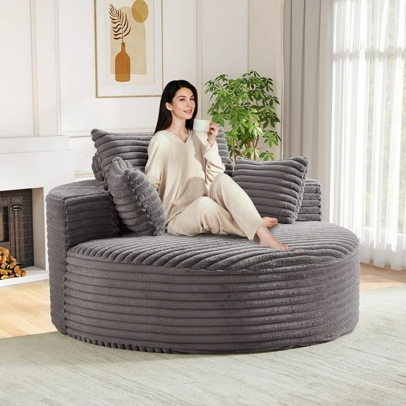 Fancrou Round Chaise Longue Chair Indoor, Modern 55-inch Upholstered Chenille Deep Seat Circle Single Cloud Lounge Floor Sofa Chair for Living Room, Bedroom Apartment, Grey