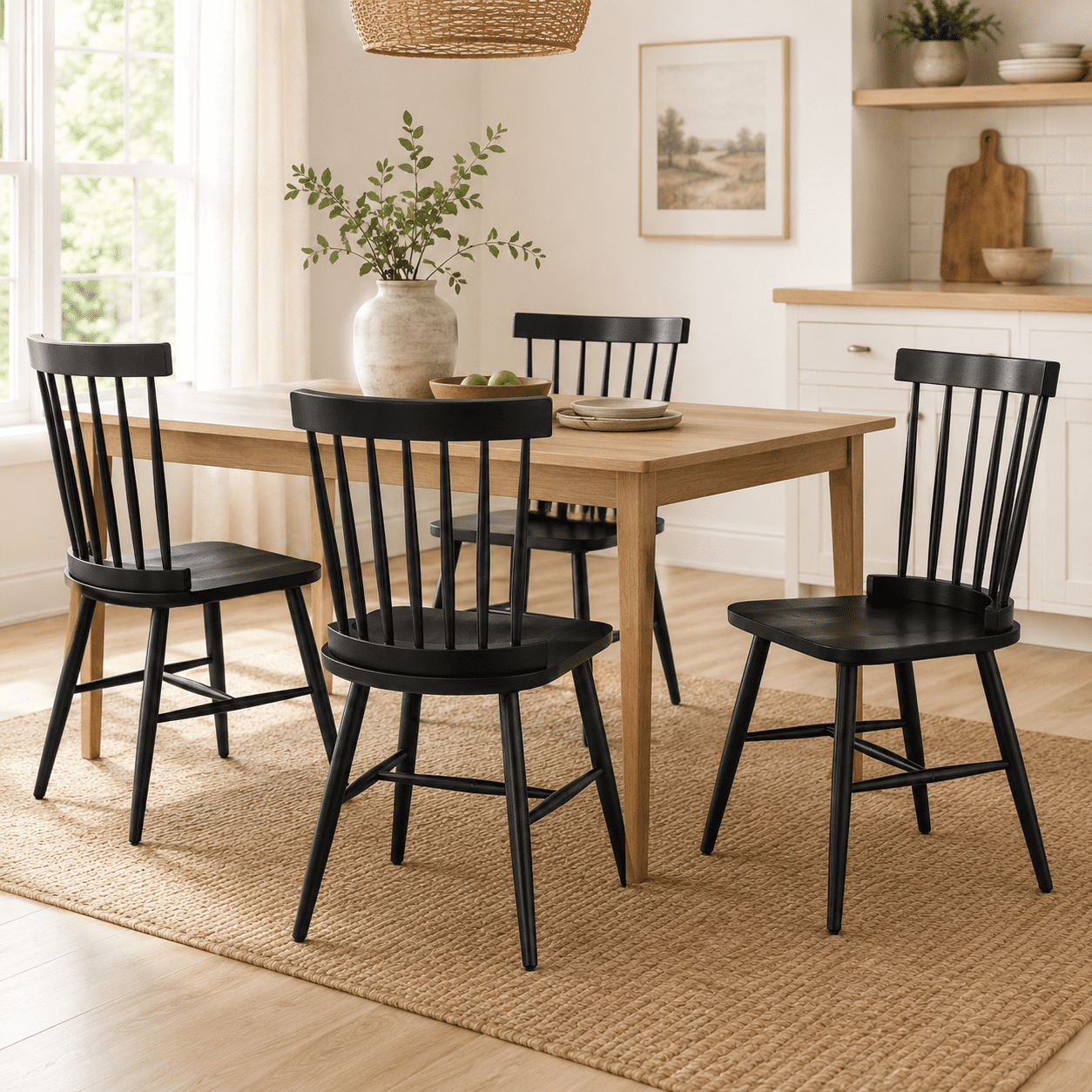 Fancrou Farmhouse Windsor Dining Chairs Set of 4, Spindle Back Metal Leg Chairs for Kitchen and Living Room, Country Style Restaurant Seating, Black