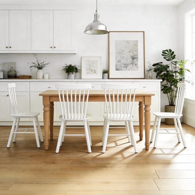 Fancrou Farmhouse Windsor Dining Chairs Set of 4, Spindle Back Wood Chairs for Kitchen and Living Room, Country Style Restaurant Seating, White