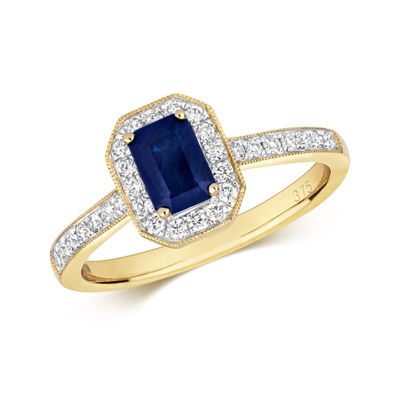 Fancy 9k Gold Women Cluster Diamond Ring Brilliant Cut 0.27 Carat HI - I1 with Sapphire