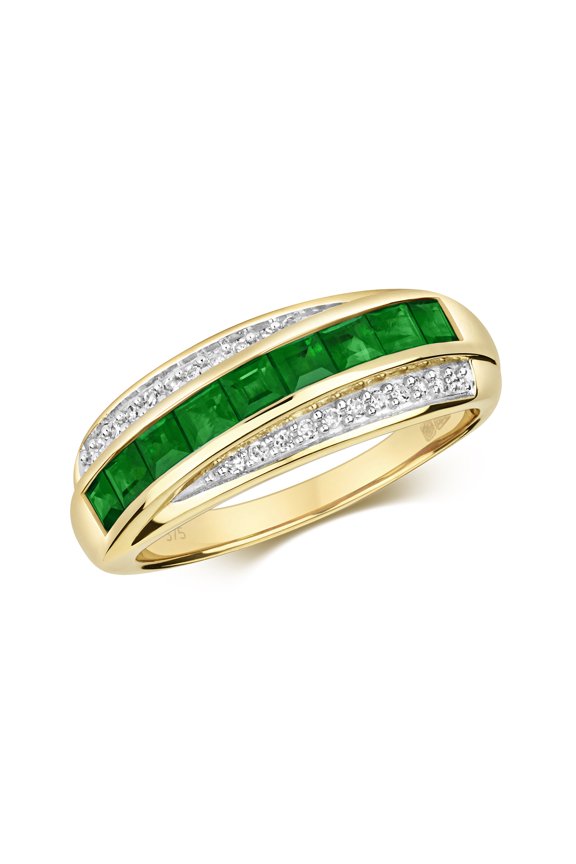 Fancy 9k Gold Women Diamond Ring 0.11 Carat with Emerald
