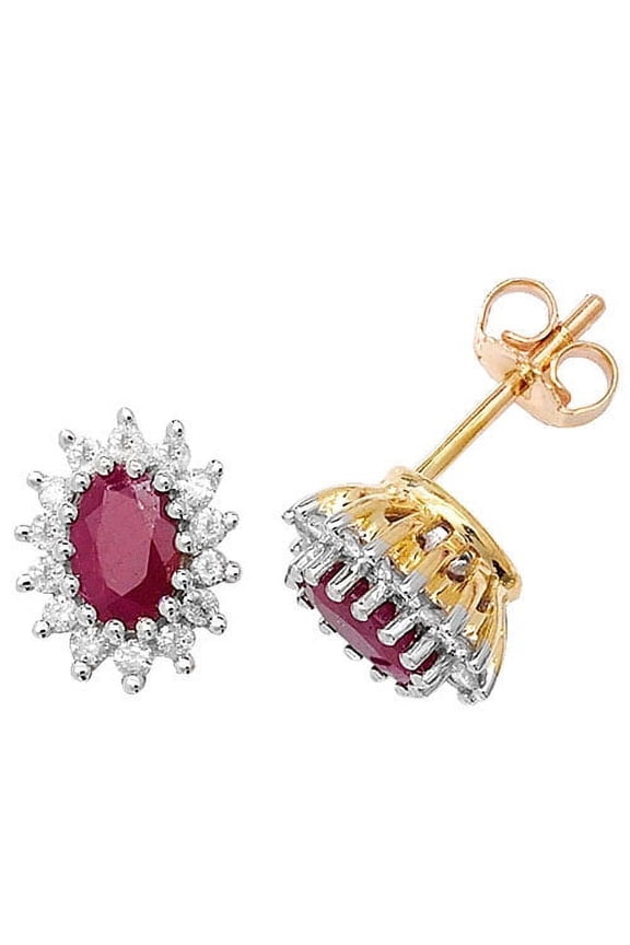Fancy 9k Gold Women Diamond Stud Earrings Brilliant Cut 0.31 Carat H - PK2 with Ruby - 11mm*9mm