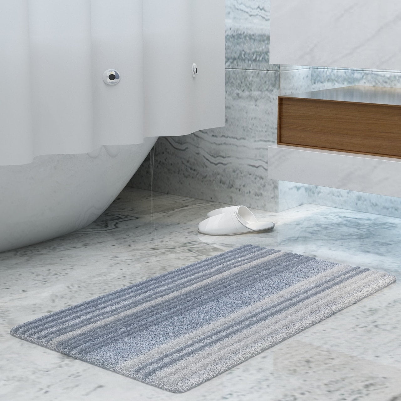 Fancy Bath Outlet Cotton, Striped Bath Rug, Blue, White, Grey, 20 x 30