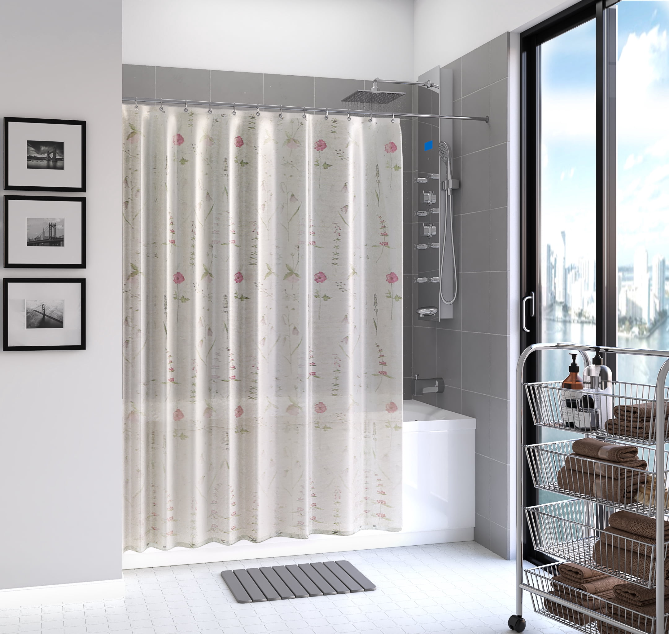 90210 Kitchen and Bath Vinyl Shower Curtain White Poppies 70 x 72