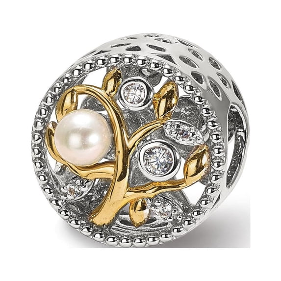 Fancy Bead White Sterling Silver Fancy Simulated Pearl Glass Cubic Zirconia CZ 11.88 mm 11.15