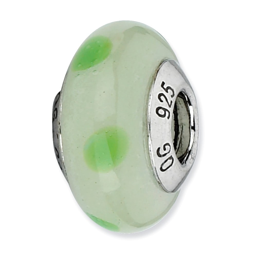 Fancy Bead White Sterling Silver Glass 12.73 mm 7.27 Reflections Lt Green Withgreen Dots Italian Murano Bead